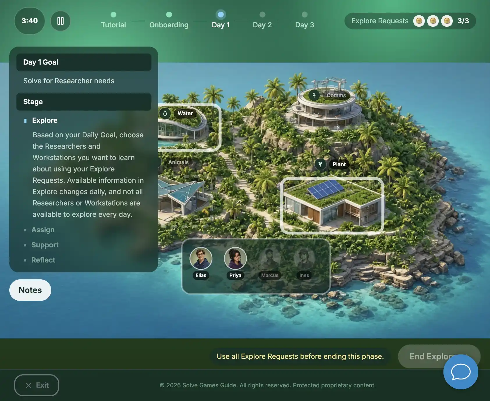 Lab Leader: the Explore stage on Day 1, with Researchers and Workstations on the island map