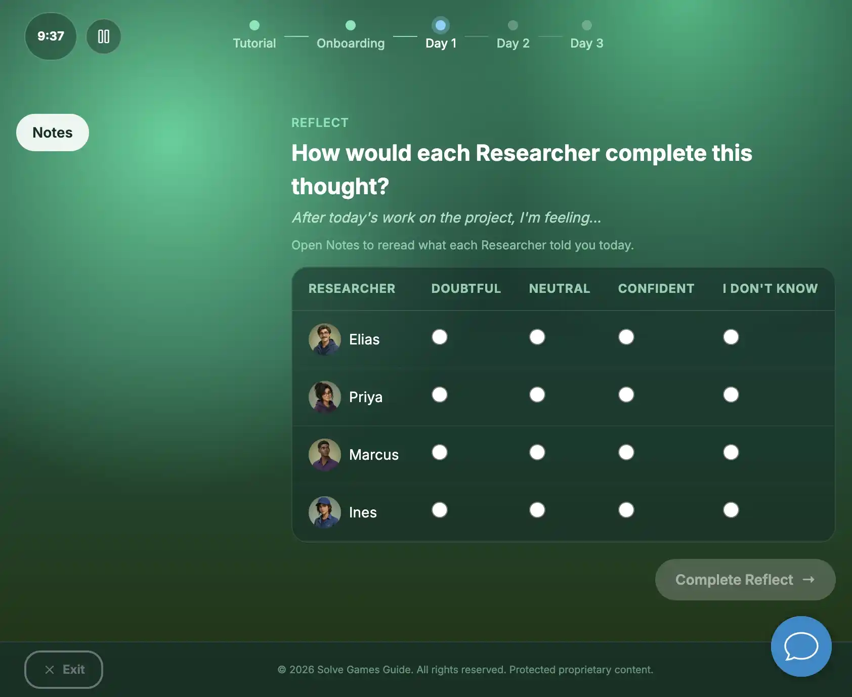 Lab Leader Reflect stage: rating how each Researcher is feeling after the day