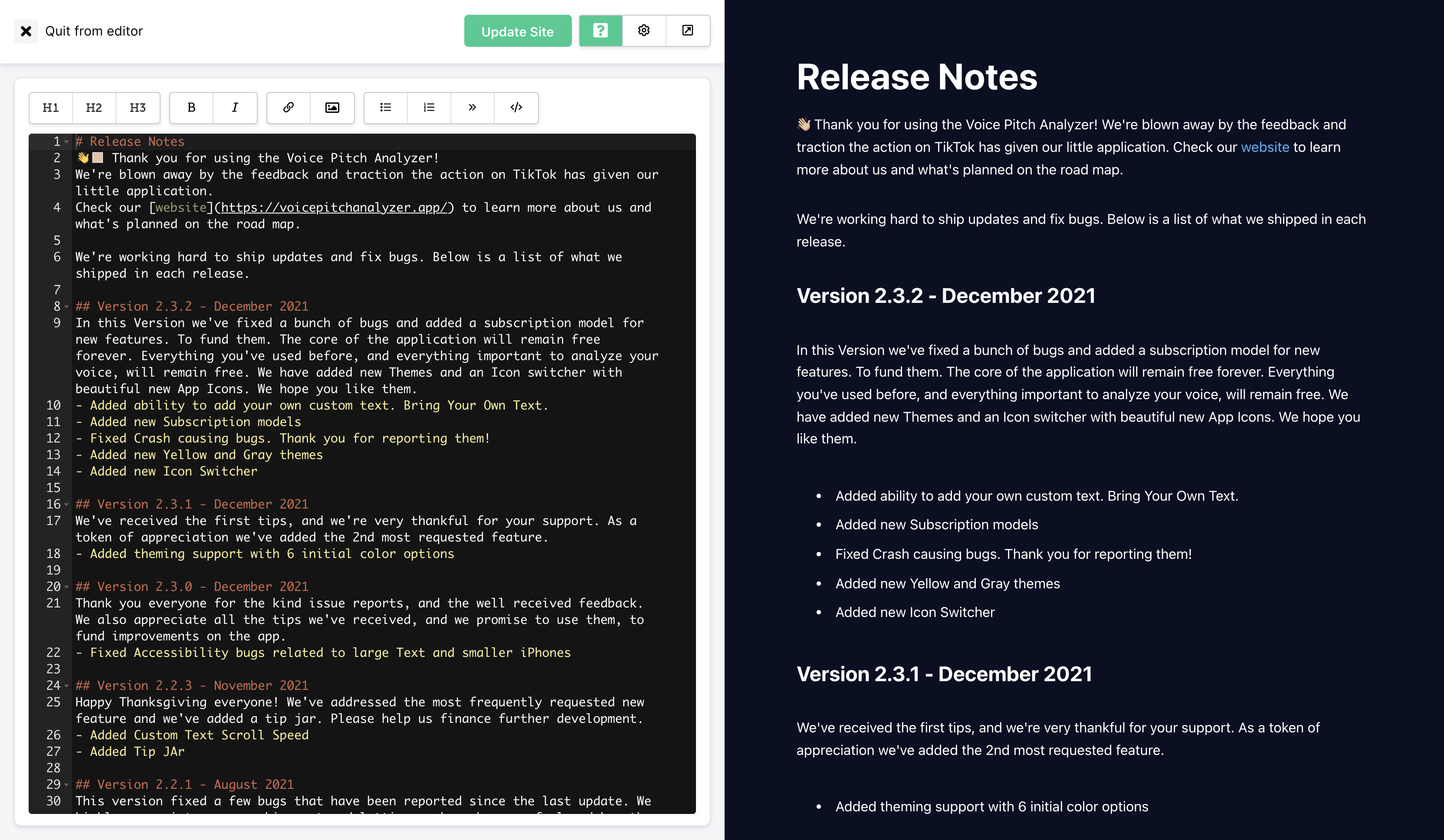 Screenshot of the v1 Side-by-Side editor