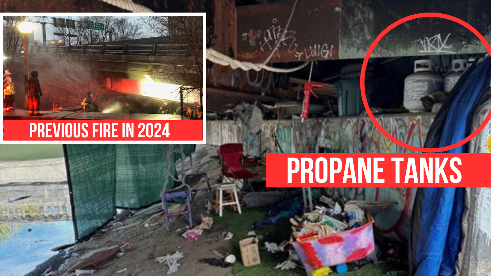 EXCLUSIVE: Shocking photos reveal secret drug den under Boston bridge where addicts live beside propane tanks one spark away from disaster