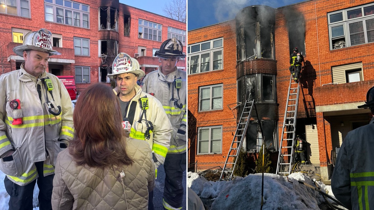 FLAMES ERUPT through roof of Mission Hill townhouse as one person found DEAD on third floor — staircase completely destroyed
