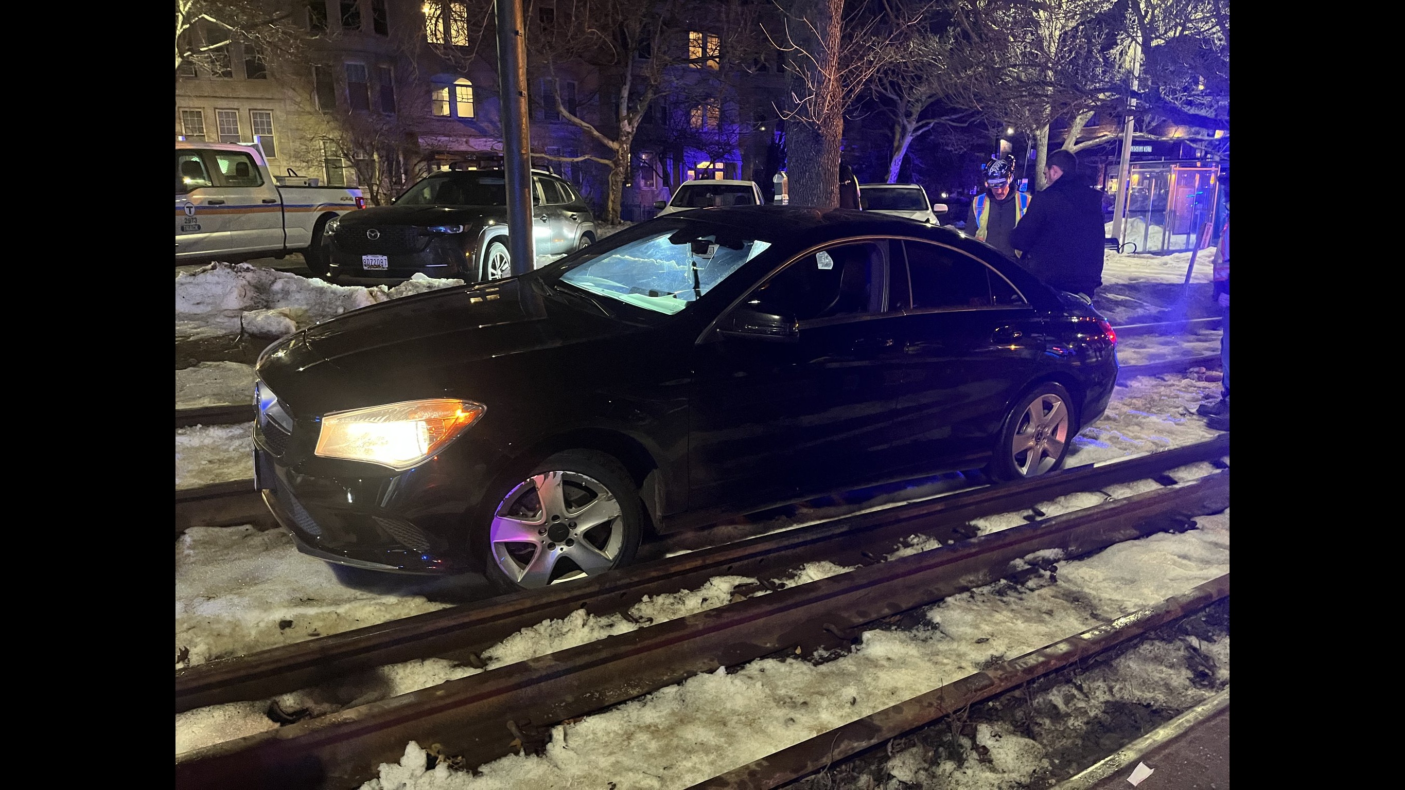 Woman drives Mercedes onto MBTA tracks at 3 a.m., tells police she thought they were part of the road, then gets arrested for refusing to move