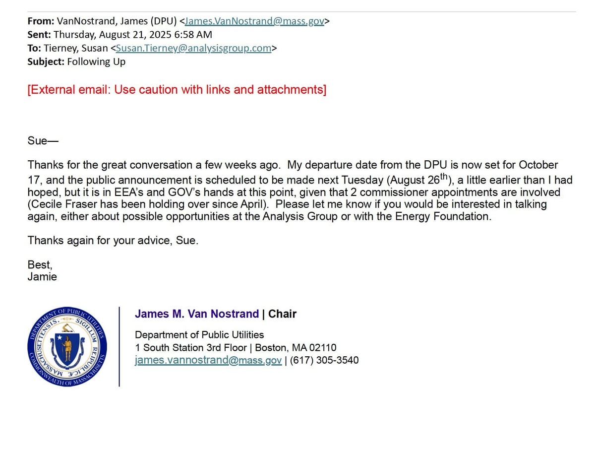 Email from James Van Nostrand to Susan Tierney at the Analysis Group, sent from his mass.gov address on August 21, 2025