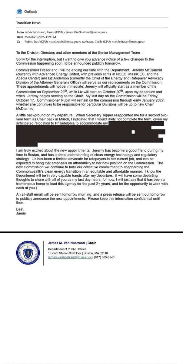 Internal email from James Van Nostrand to DPU senior staff announcing his departure and replacement, August 25, 2025