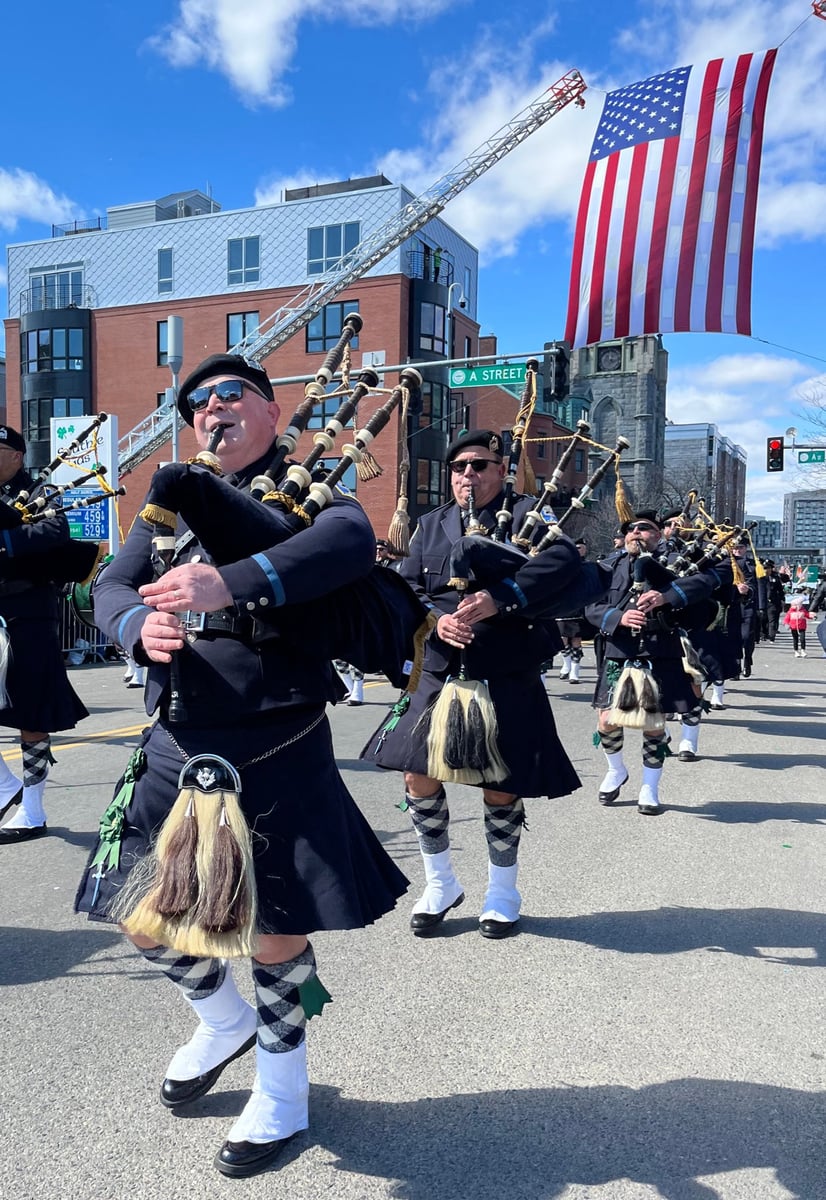 Bagpipers march during the St. Patrick's Day parade in South Boston