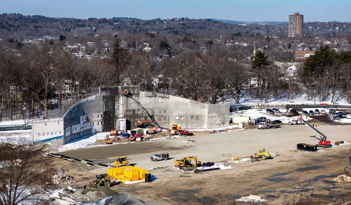 Aerial view of White Stadium construction site in Franklin Park