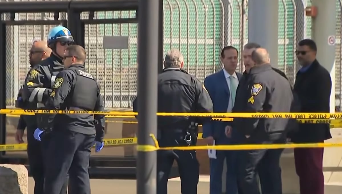 Crazed suspect armed with BUTCHER KNIFE threatens terrified driver, lunges at officers in violent struggle before cop's weapon DISCHARGES — 6 rushed to hospital