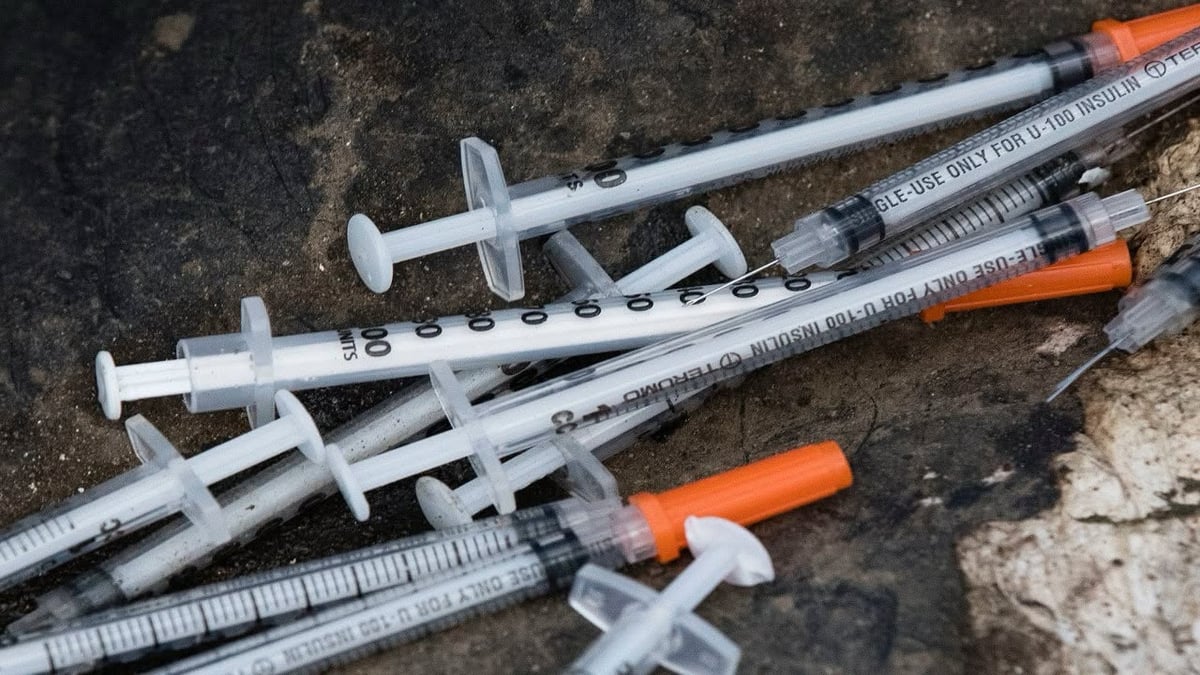 Discarded needles on the ground near Copley Square