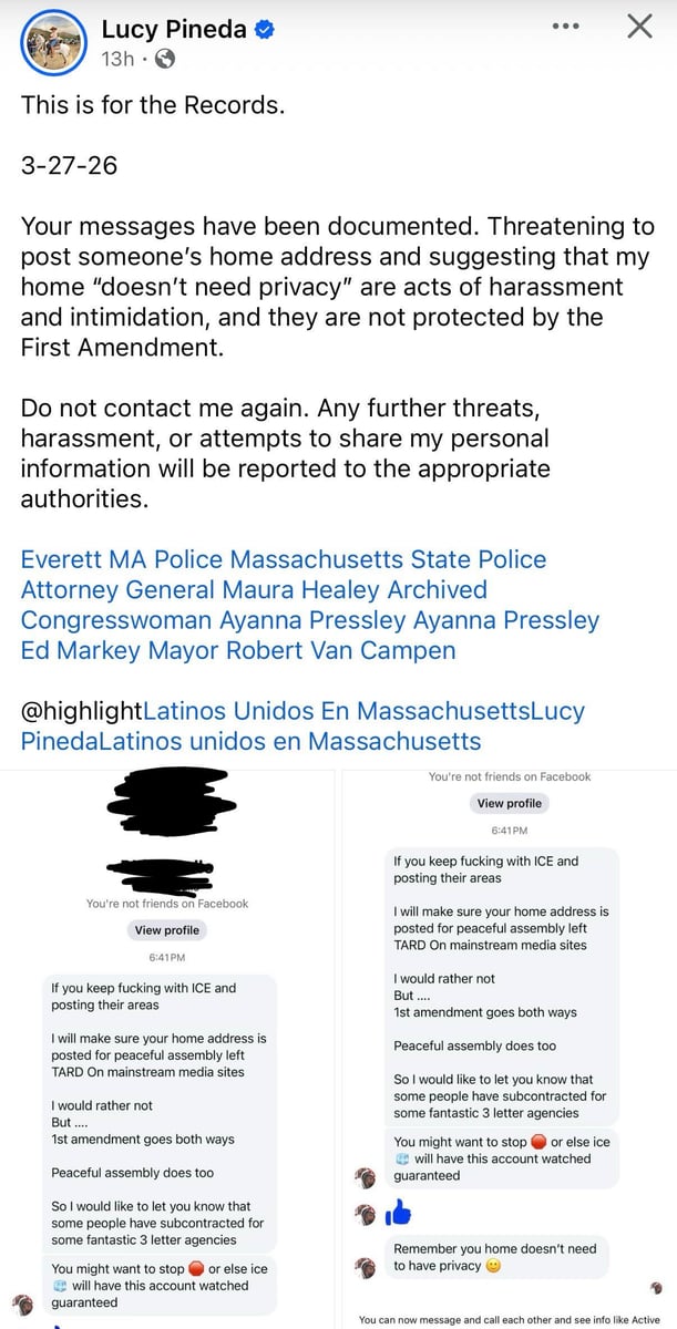 Lucy Pineda's Facebook post tagging six government offices after receiving threatening messages