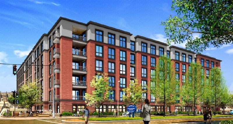 Rendering of the proposed six-story apartment building at 201 Rutherford Avenue in Charlestown