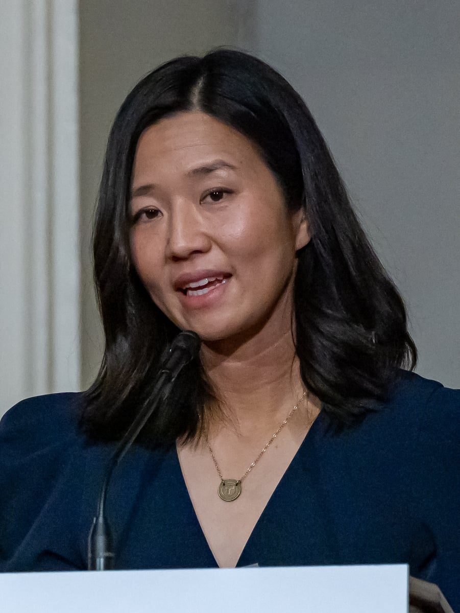 Mayor Michelle Wu speaking at Faneuil Hall