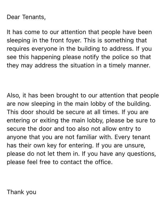 Email from building management to tenants