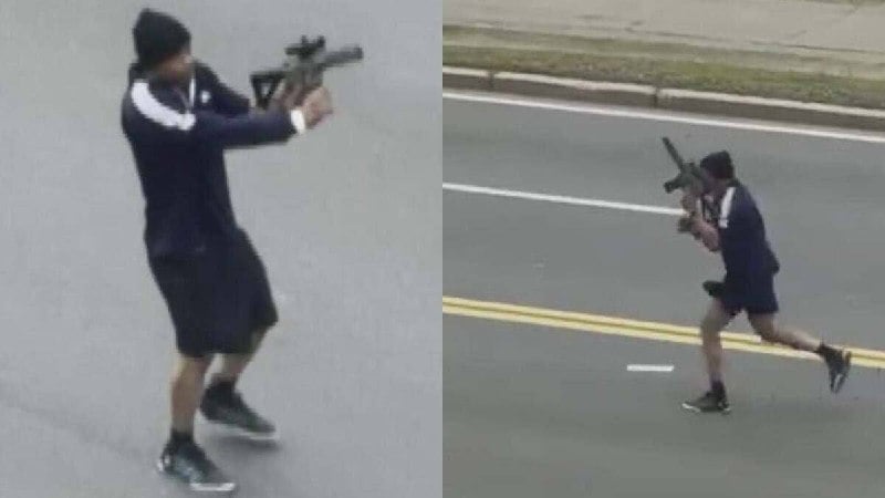 Tyler Brown firing on civilian drivers on Memorial Drive in Cambridge on Monday afternoon.
