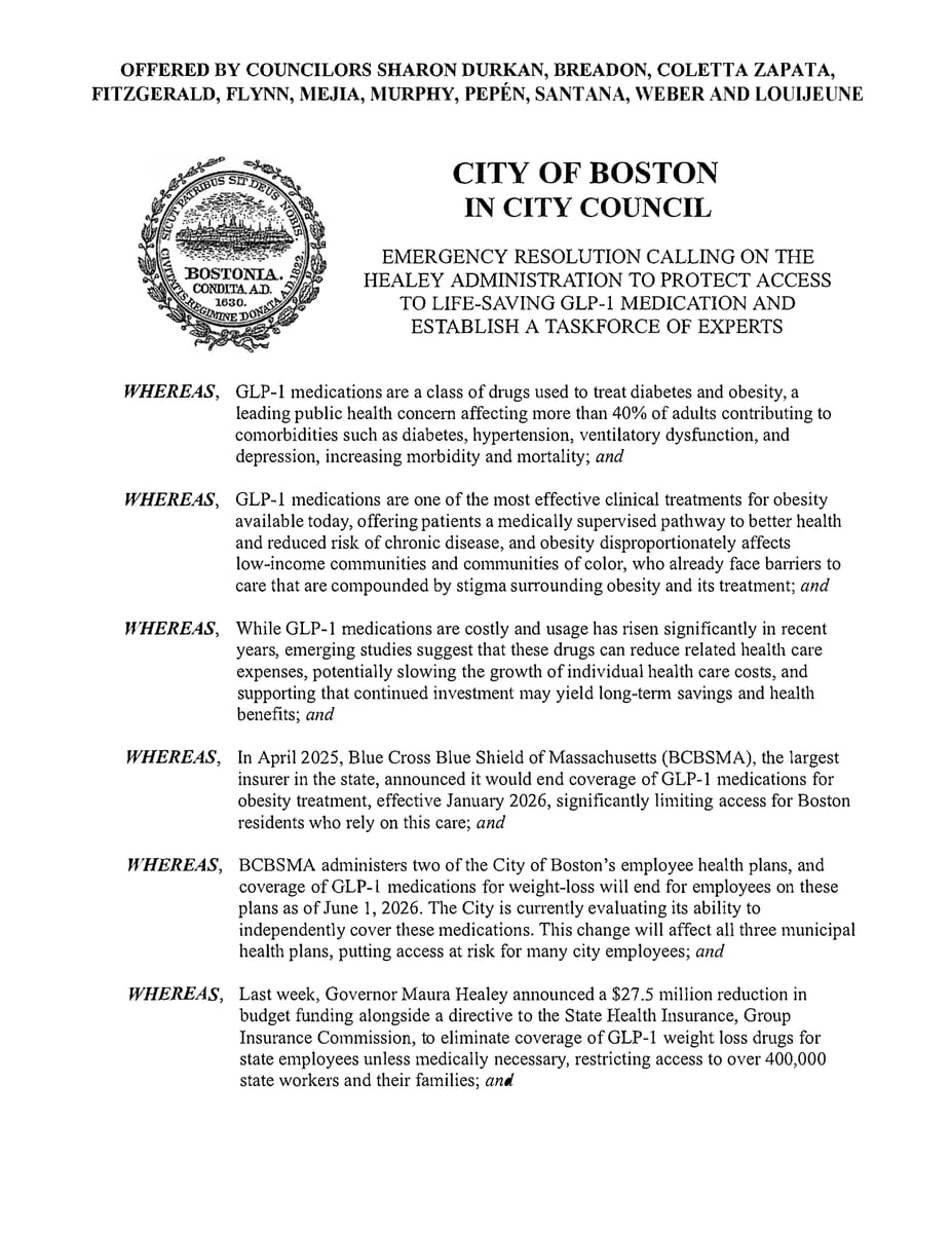 Page one of Durkan's July 9, 2025 emergency resolution. Erin Murphy is named in the co-sponsor list at the top.