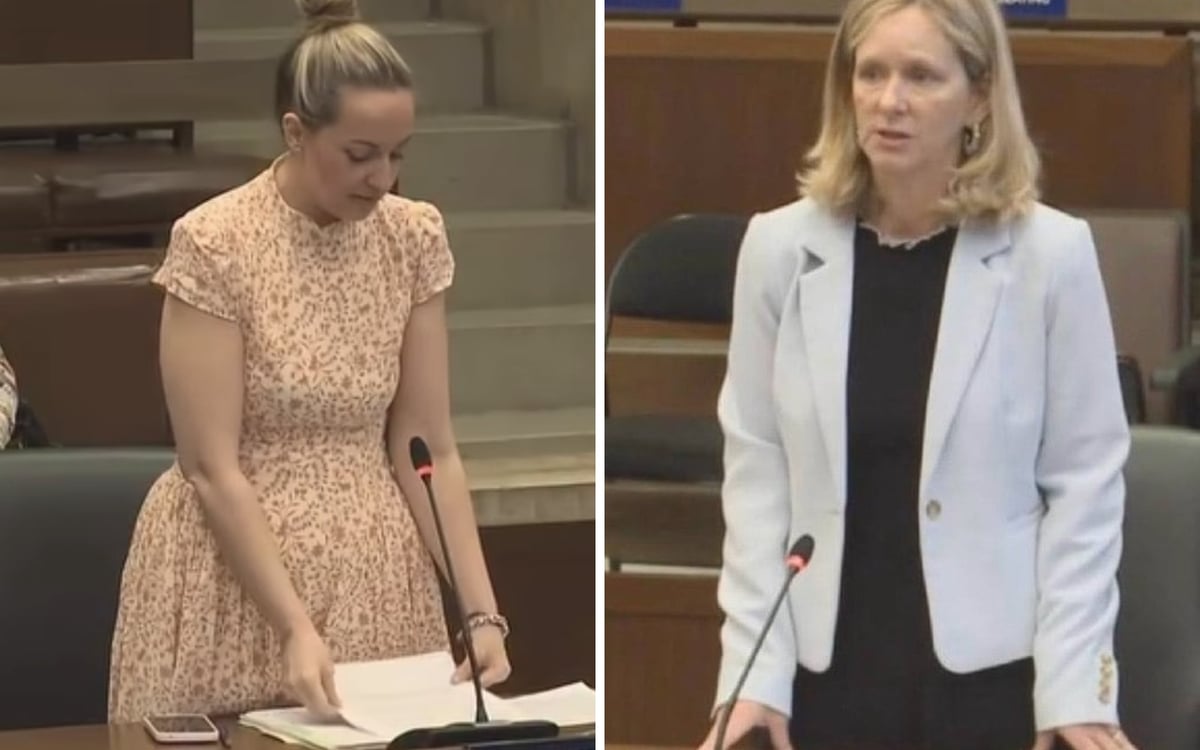 Boston City Councilors Sharon Durkan (left) and Erin Murphy (right), both at the Iannella council chamber podium.