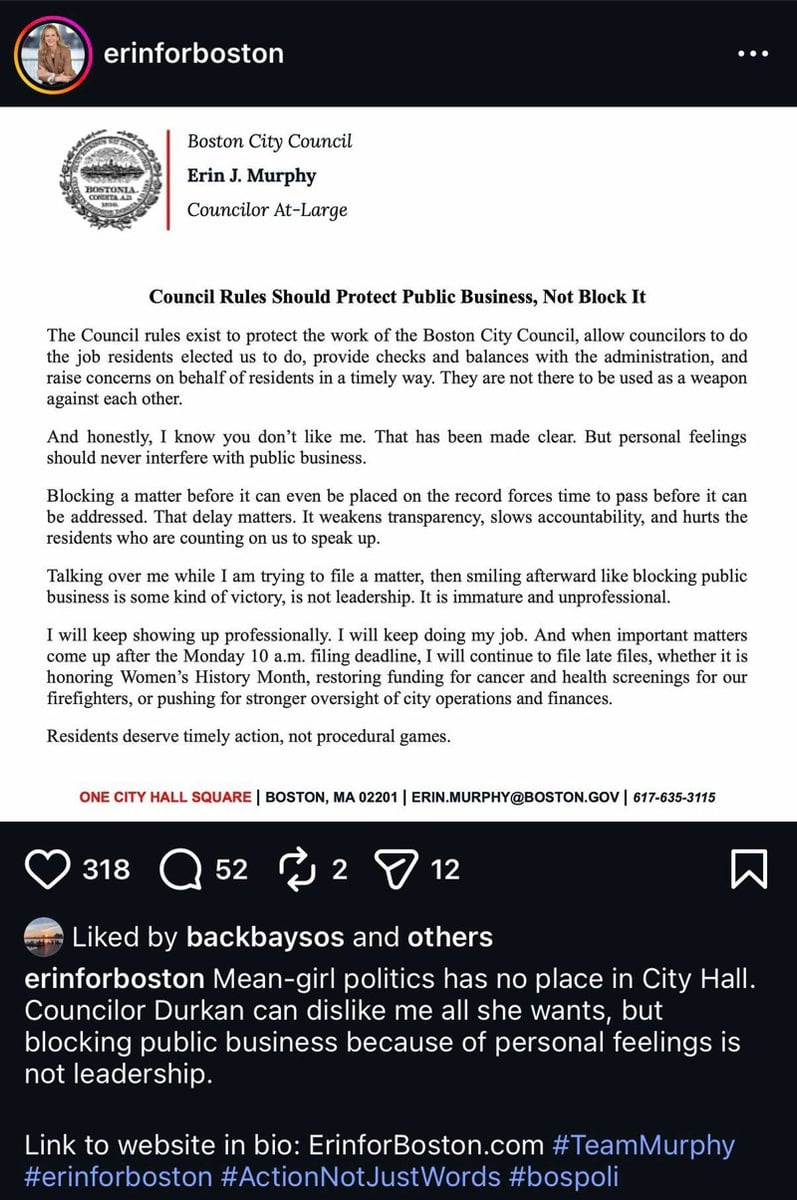 Councilor Erin Murphy's Instagram post with her official Council statement, captioned 'Mean-girl politics has no place in City Hall.'