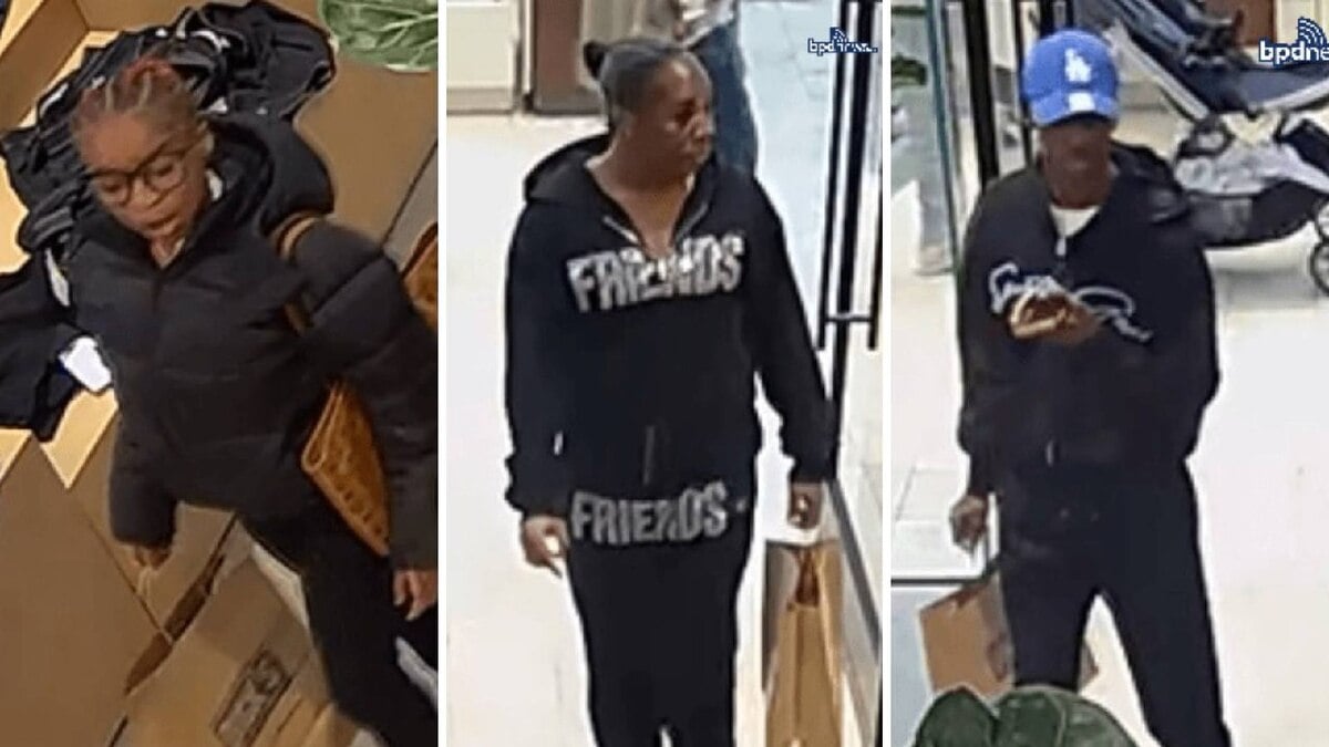 Boston police hunt trio of thieves who swiped armfuls of Alo gear from Boston's Prudential Center — leaving 20 empty hangers behind