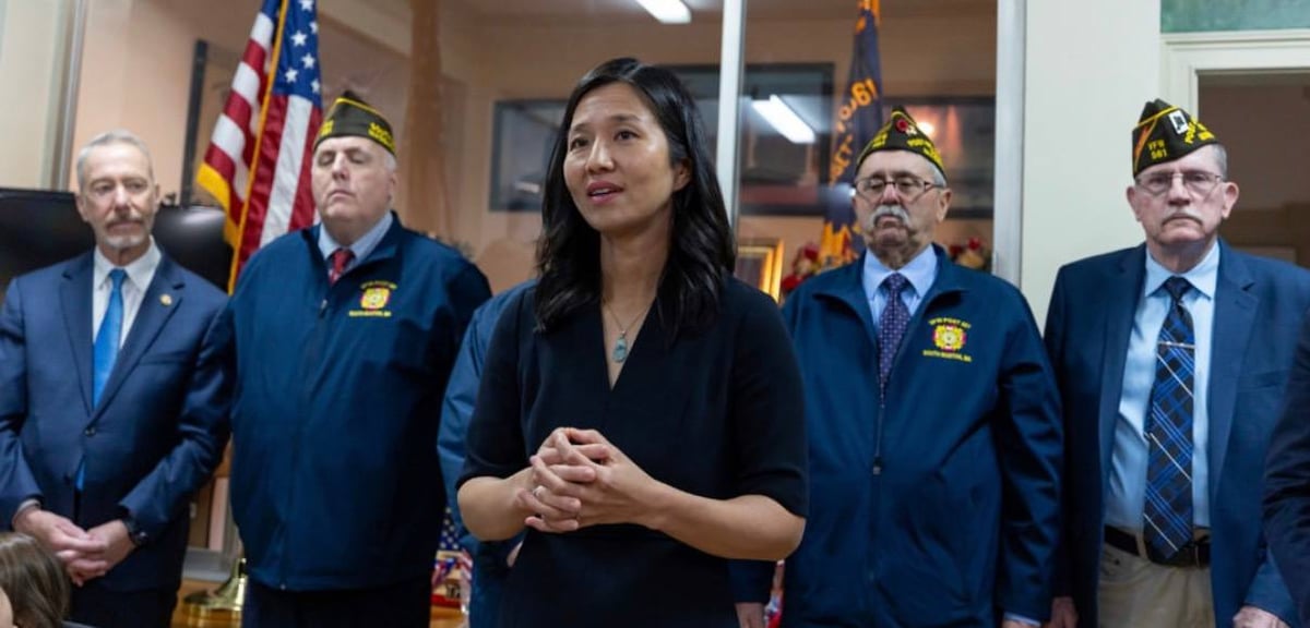 Mayor Michelle Wu with members of a Boston VFW post