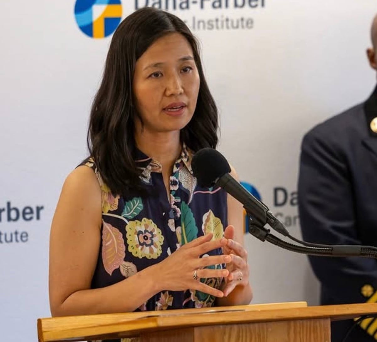 Mayor Michelle Wu at a Dana-Farber podium
