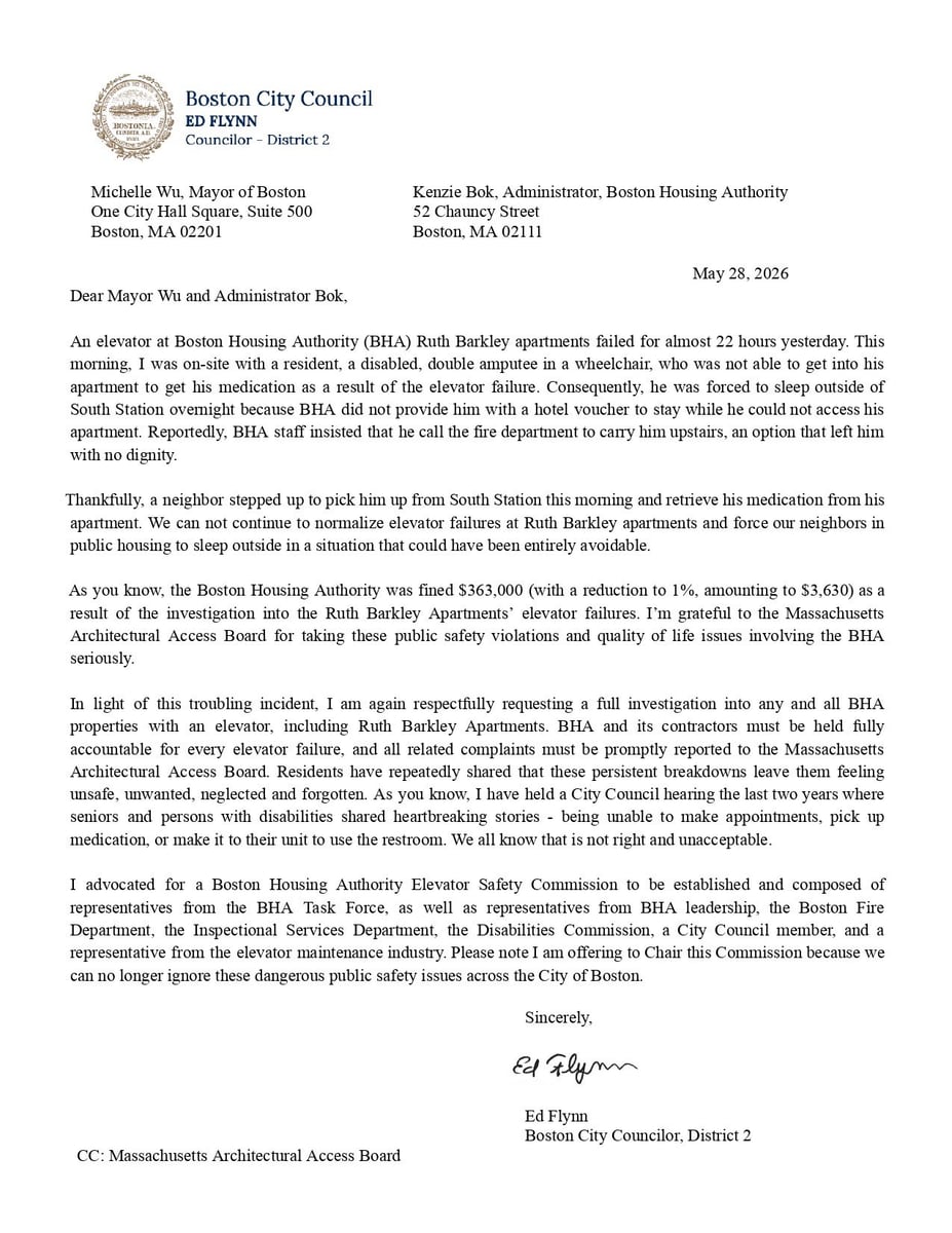 Letter from Boston City Councilor Ed Flynn to Mayor Michelle Wu and BHA Administrator Kenzie Bok, dated May 28, 2026, demanding accountability for elevator failures at the BHA Ruth Barkley Apartments