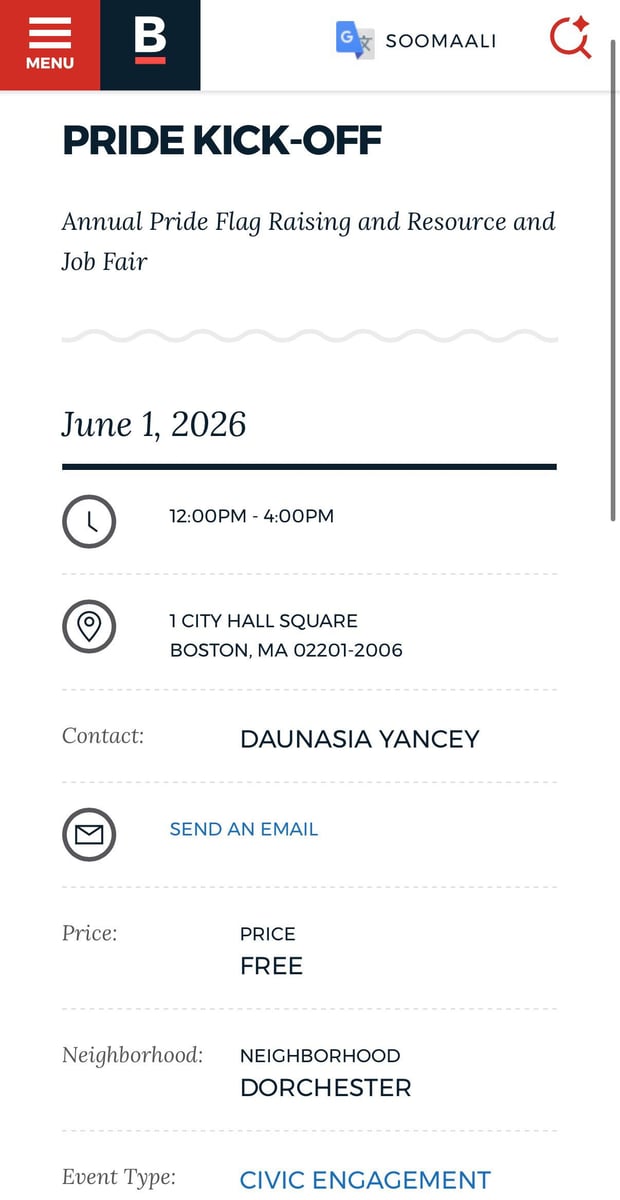 Boston.gov listing for the Pride Kick-Off at City Hall with Daunasia Yancey as contact
