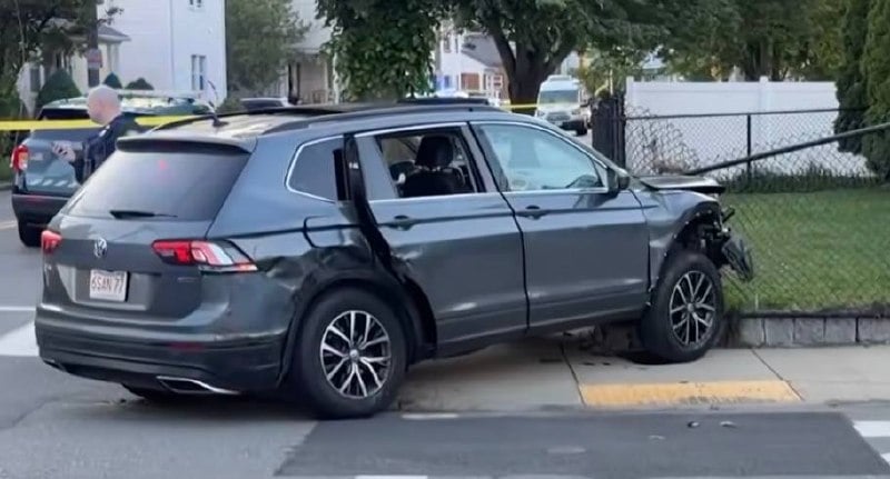 The suspect vehicle, a gray VW Tiguan, after crashing into a Massachusetts State Police cruiser in Malden