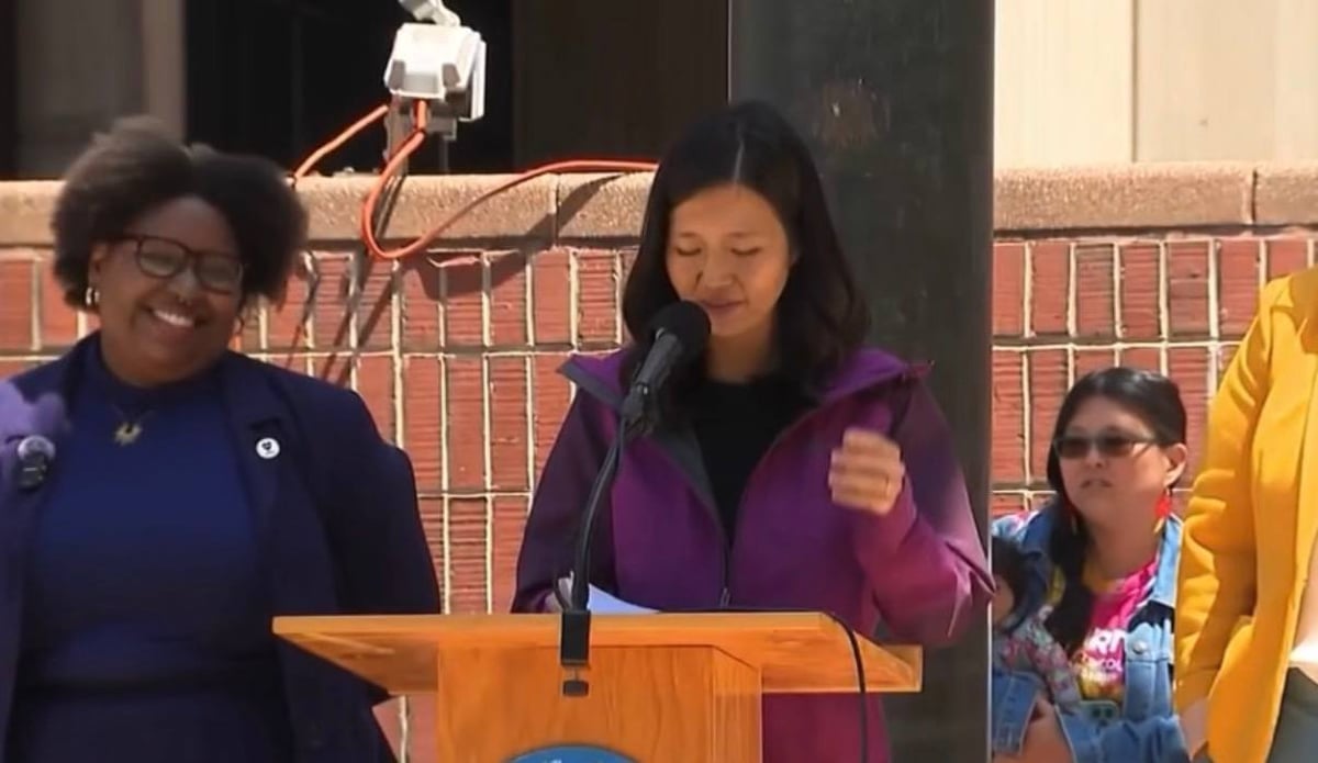 Daunasia Yancey, far left, with Mayor Michelle Wu at the Pride Kick-Off at Boston City Hall