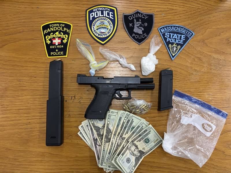 Loaded 10mm Glock with defaced serial, large-capacity magazines, ammunition, suspected drugs in plastic bags, and cash seized from 327 West Street, Weymouth