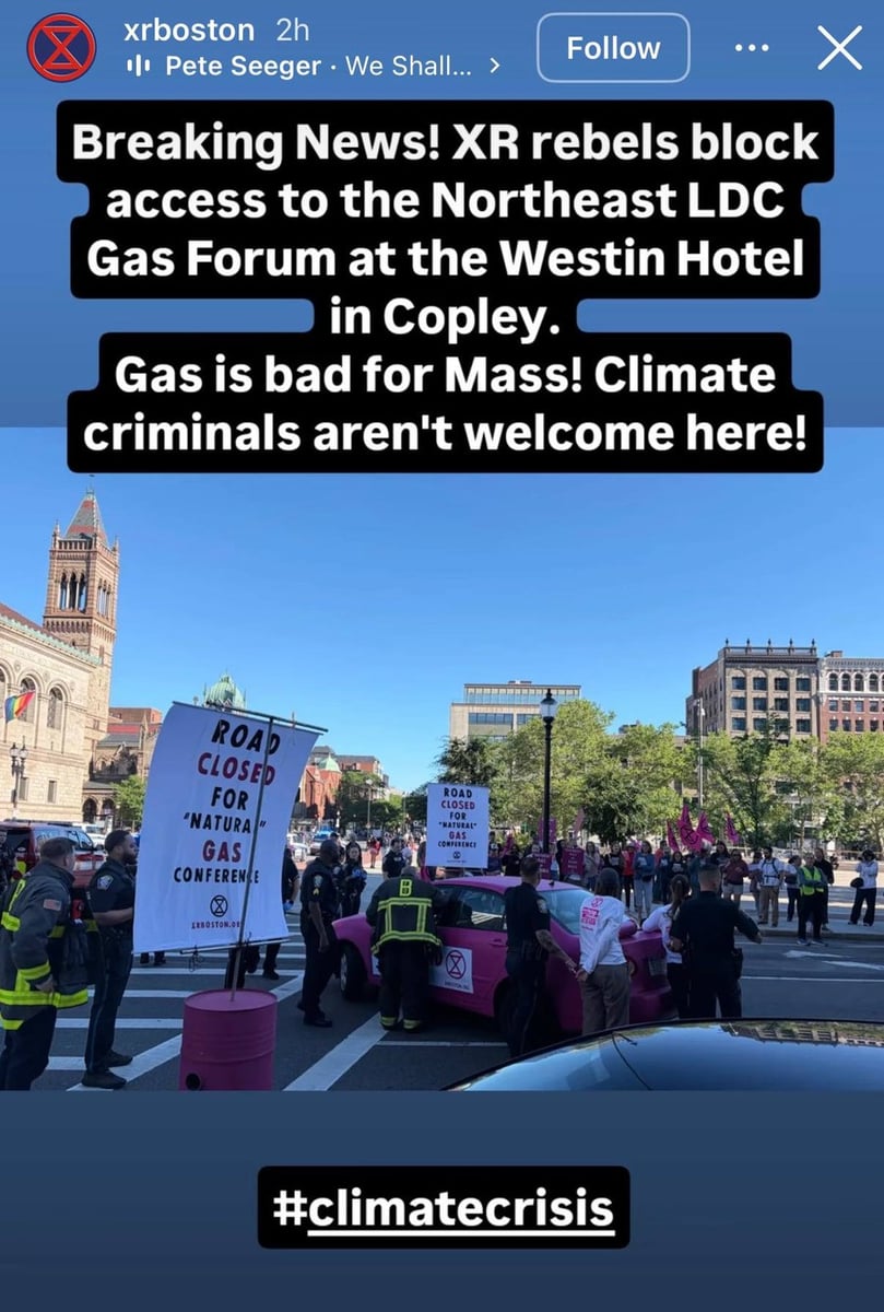 Extinction Rebellion Boston Instagram story declaring climate criminals not welcome at the Northeast LDC Gas Forum