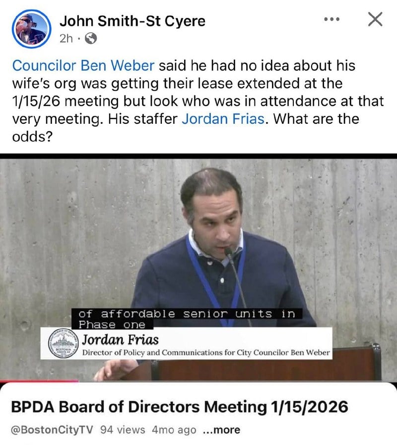 A Facebook post by Dorchester community advocate John Smith-St Cyere featuring a screenshot from the official BPDA video record