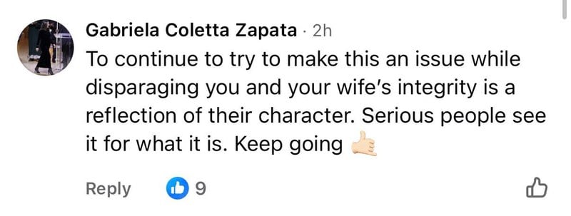 A Facebook comment by Boston City Councilor Gabriela Coletta Zapata in support of Ben Weber
