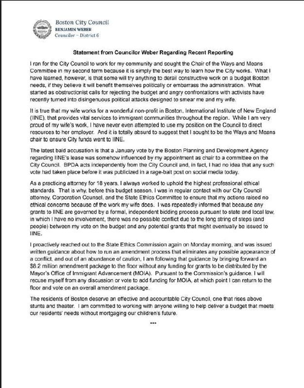 The official statement from Boston City Councilor Ben Weber, on City Council letterhead