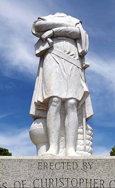The Christopher Columbus statue, beheaded, on its pedestal in the North End on the morning of June 10, 2020.