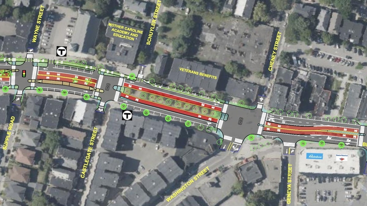 City of Boston and MBTA plan view of the proposed Blue Hill Ave redesign at Grove Hall.
