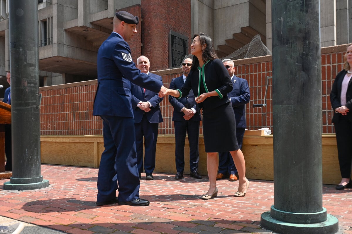 Mayor Michelle Wu at an Armed Forces and Military Spouse Appreciation event at City Hall Plaza.
