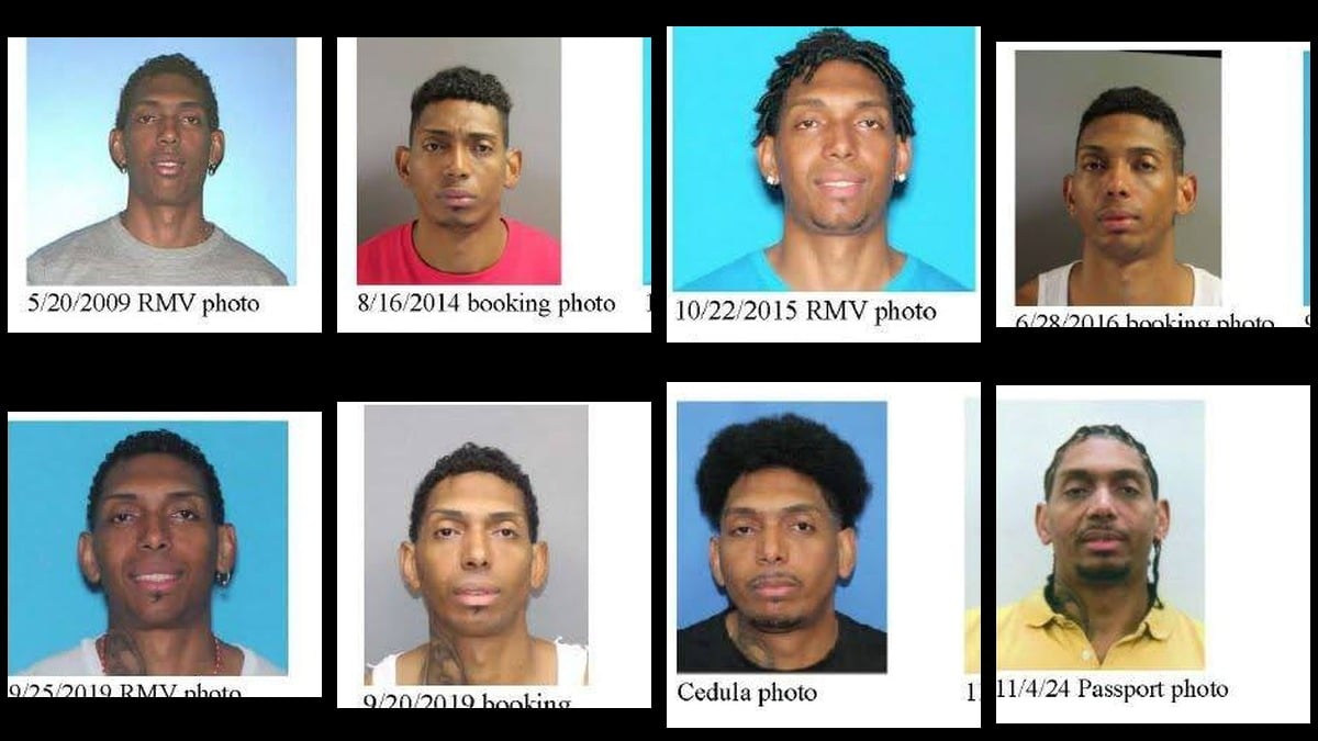 Eight photographs of Mario Jose Baez Romero from a federal affidavit, including RMV photos, booking photos, a Dominican Republic Cedula photo, and a November 2024 passport application photo.