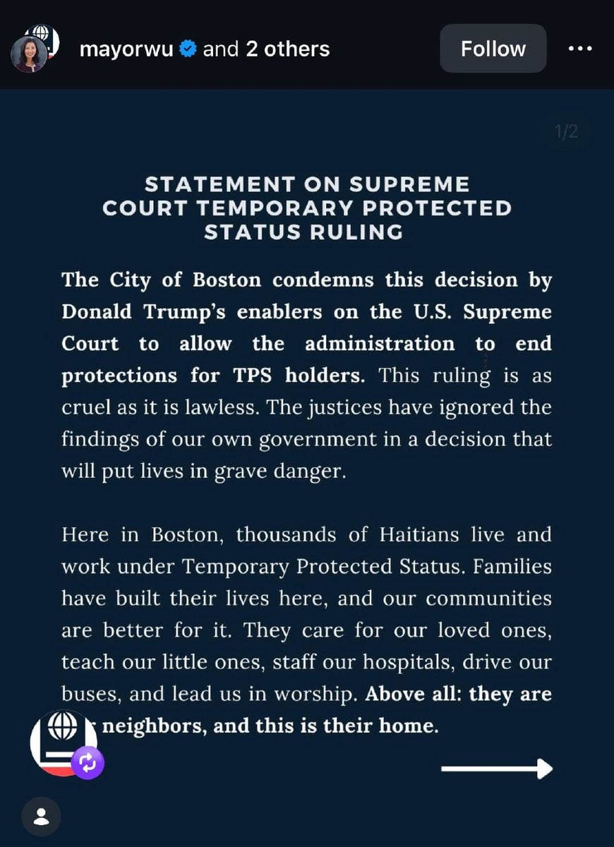 First page of Mayor Wu's Instagram statement on the Supreme Court TPS ruling.
