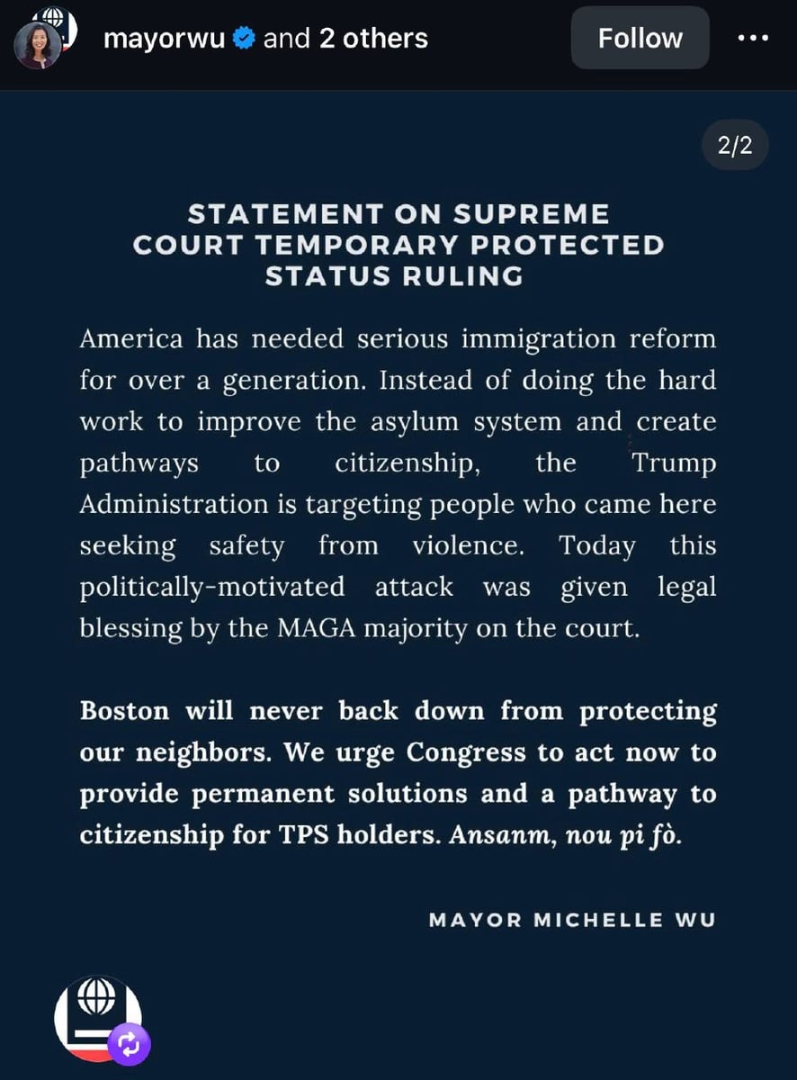 Second page of Mayor Wu's Instagram statement on the Supreme Court TPS ruling.