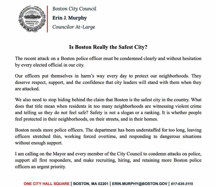 Press statement from Boston City Councilor At-Large Erin J. Murphy responding to the Dorchester attack on a Boston police officer.