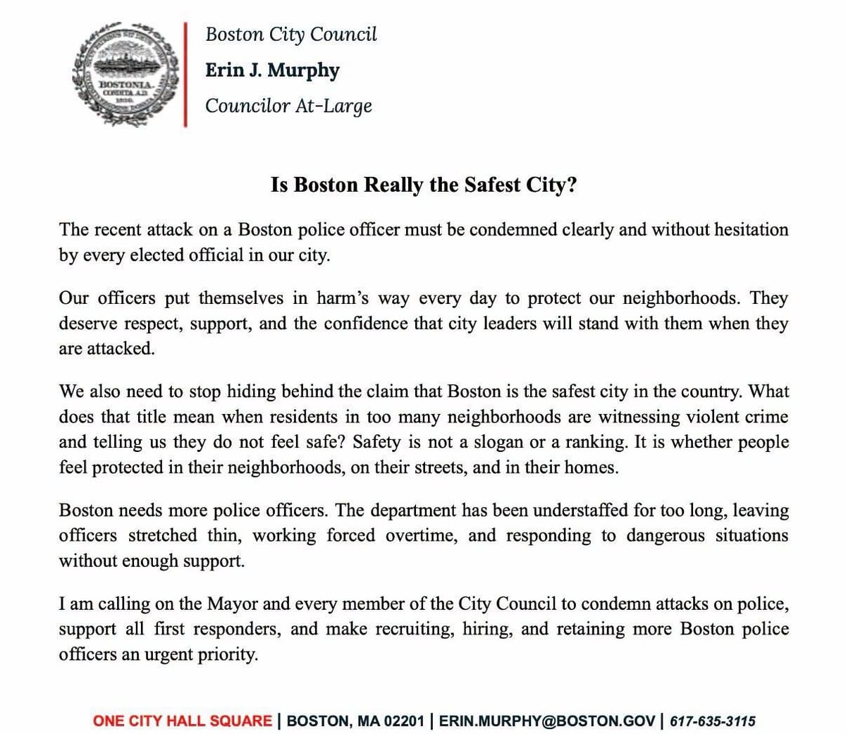 Boston City Councilor Erin Murphy press statement Is Boston Really the Safest City