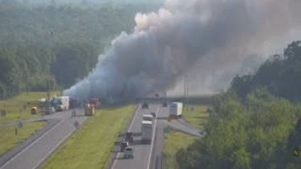Smoke rising from the fiery I-81 tractor-trailer crash that killed Pennsylvania State Trooper Michael Pahira Jr.