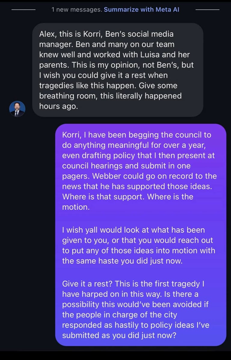Instagram DM exchange between Ben Weber's staffer Korri and bike advocate Alex Alex