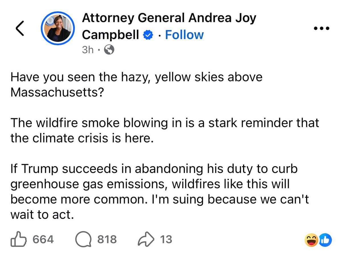 Screenshot of AG Andrea Joy Campbell's Facebook post blaming Trump for the yellow skies over Massachusetts.