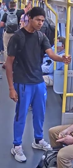 MBTA Transit PD surveillance photo of the suspect standing on an Orange Line train.