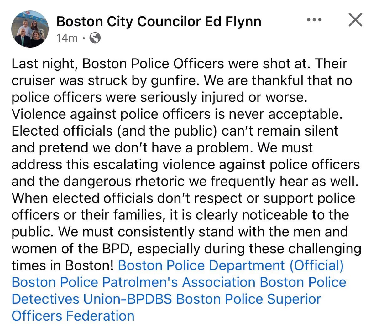Facebook post by Boston City Councilor Ed Flynn calling out elected officials for silence on escalating violence against police officers.