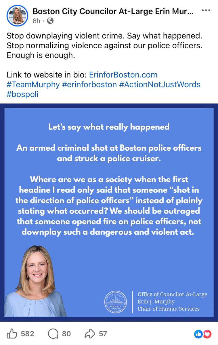 Facebook post by Boston City Councilor At-Large Erin Murphy calling out the downplaying of the Blue Hill Avenue cop-shooter attack.