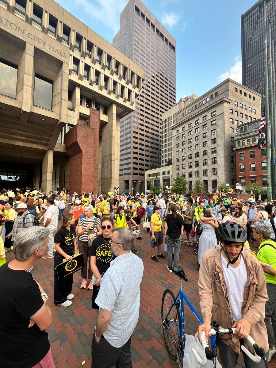 Wide shot of Louisa Gag vigil crowd on City Hall Plaza.