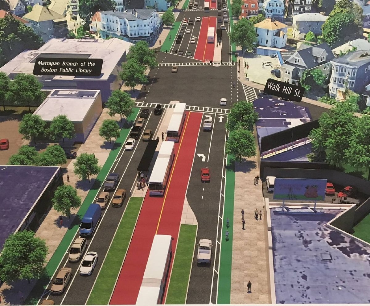 City of Boston rendering of the Blue Hill Avenue redesign showing a center-running dedicated bus lane between Mattapan Square and Grove Hall.