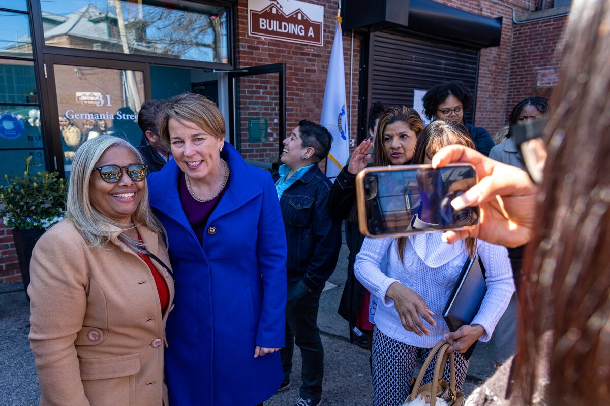 Governor Maura Healey at a Healey-Driscoll administration press event announcing affordable-housing funding.