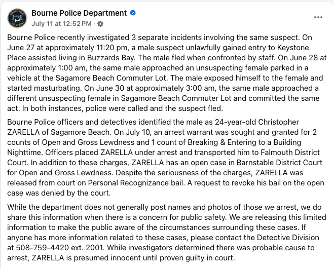 The Bourne Police Department publicly announced Christopher Zarella’s arrest in a rare public safety alert, citing concerns after a senior home break-in and two alleged lewd acts.
